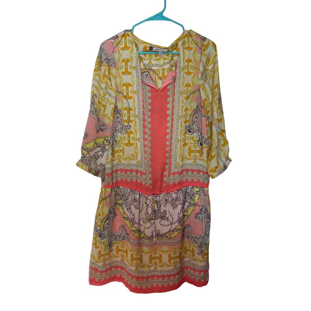 Jennifer Lopez Multicolor Floral Paisley Cinched Waist Mini Shift Dress Large